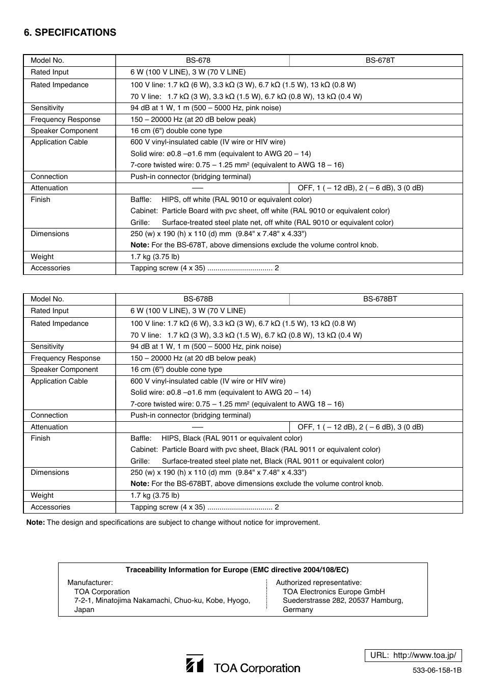 Specifications | Toa BS-678BT User Manual | Page 4 / 4