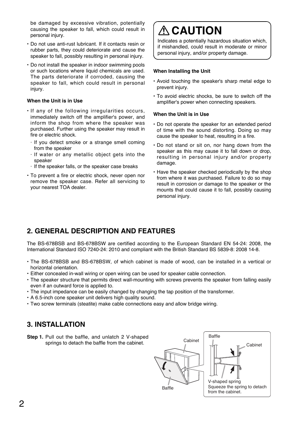 Caution, General description and features, Installation | Toa BS-678BSW User Manual | Page 2 / 8