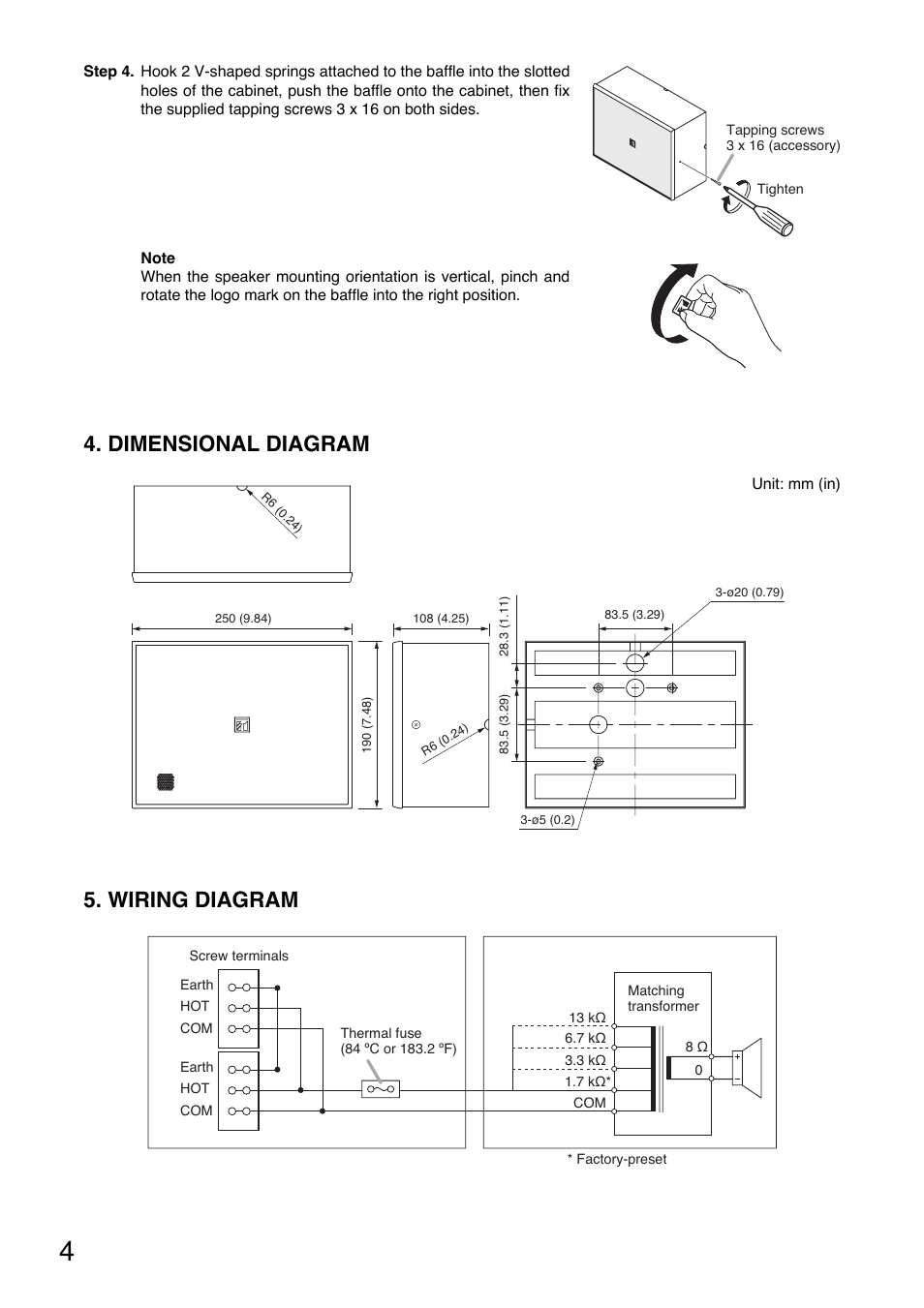 Wiring diagram, Dimensional diagram | Toa BS-678BSW User Manual | Page 4 / 8