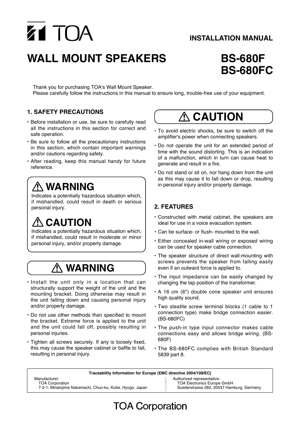 Toa BS-680FC User Manual | 4 pages