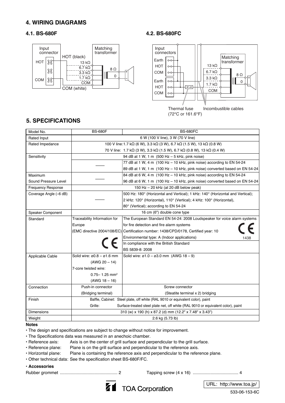 Specifications, Wiring diagrams, Bs-680f | Bs-680fc | Toa BS-680FC User Manual | Page 4 / 4