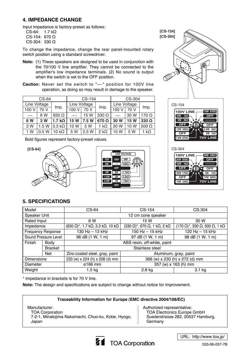 Impedance change, Specifications | Toa CS-304 User Manual | Page 2 / 2