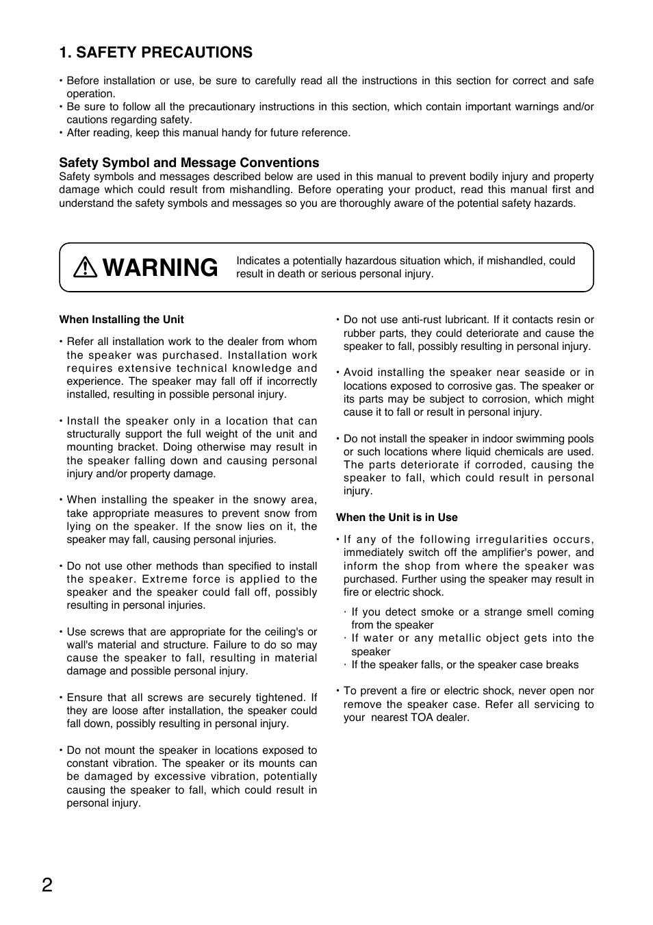 Warning, Safety precautions | Toa CS-154BS User Manual | Page 2 / 12