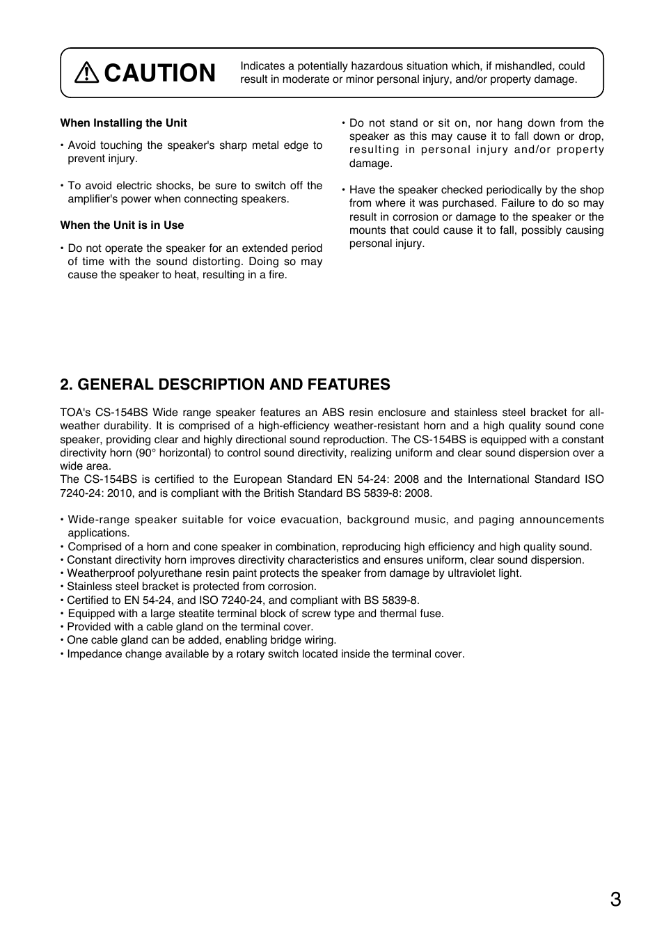 Caution, General description and features | Toa CS-154BS User Manual | Page 3 / 12