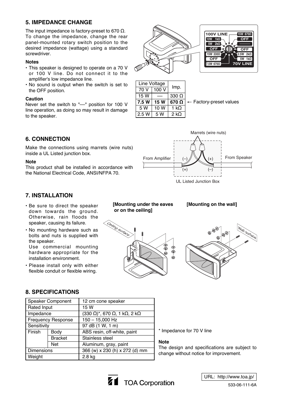 Impedance change, Specifications, Installation | Connection | Toa CS-154U User Manual | Page 2 / 2