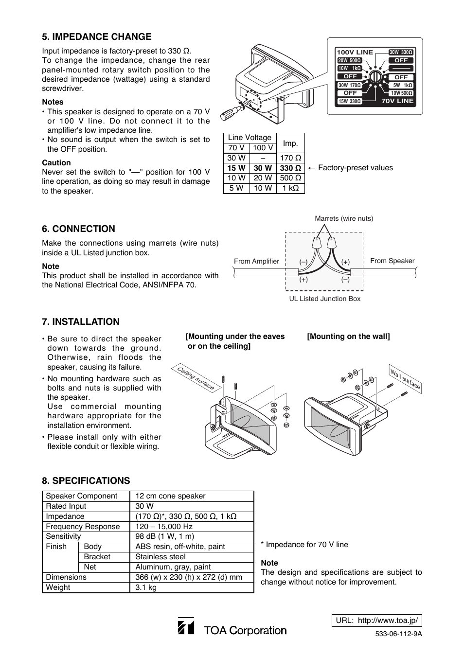 Impedance change, Specifications, Installation | Connection | Toa CS-304U User Manual | Page 2 / 2