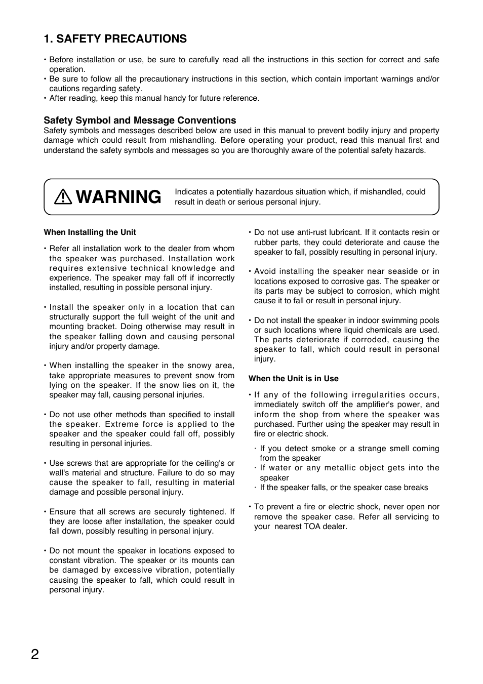 Warning, Safety precautions | Toa CS-64BS User Manual | Page 2 / 12