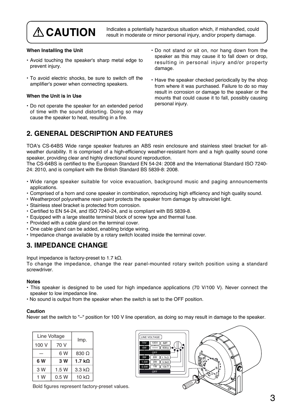 Caution, General description and features, Impedance change | Toa CS-64BS User Manual | Page 3 / 12