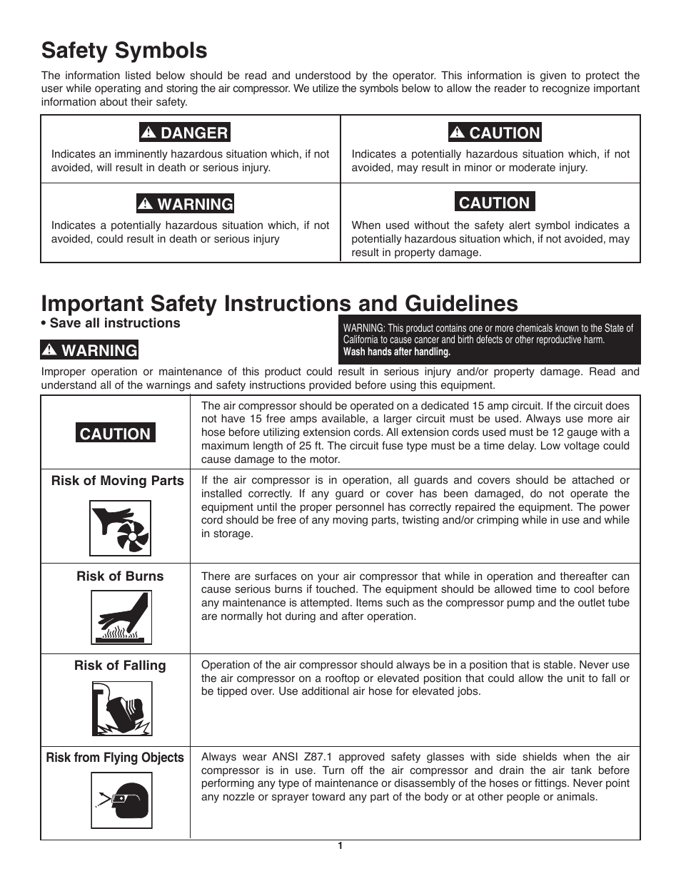 Important safety instructions and guidelines, Safety symbols, Caution | Warning, Danger caution warning | Craftsman 921.153120 User Manual | Page 3 / 10