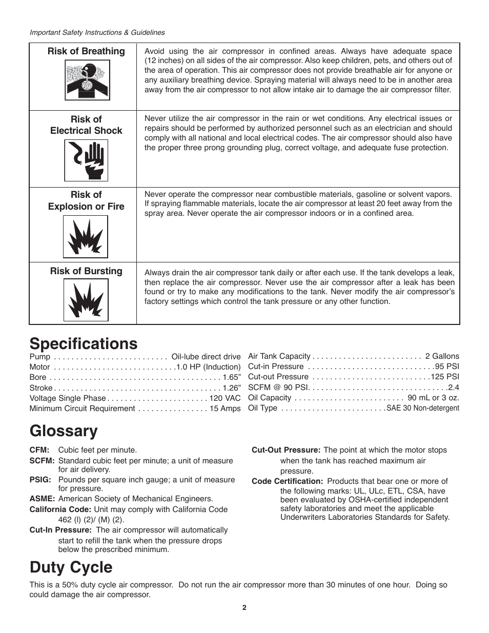 Glossary, Duty cycle specifications | Craftsman 921.153120 User Manual | Page 4 / 10