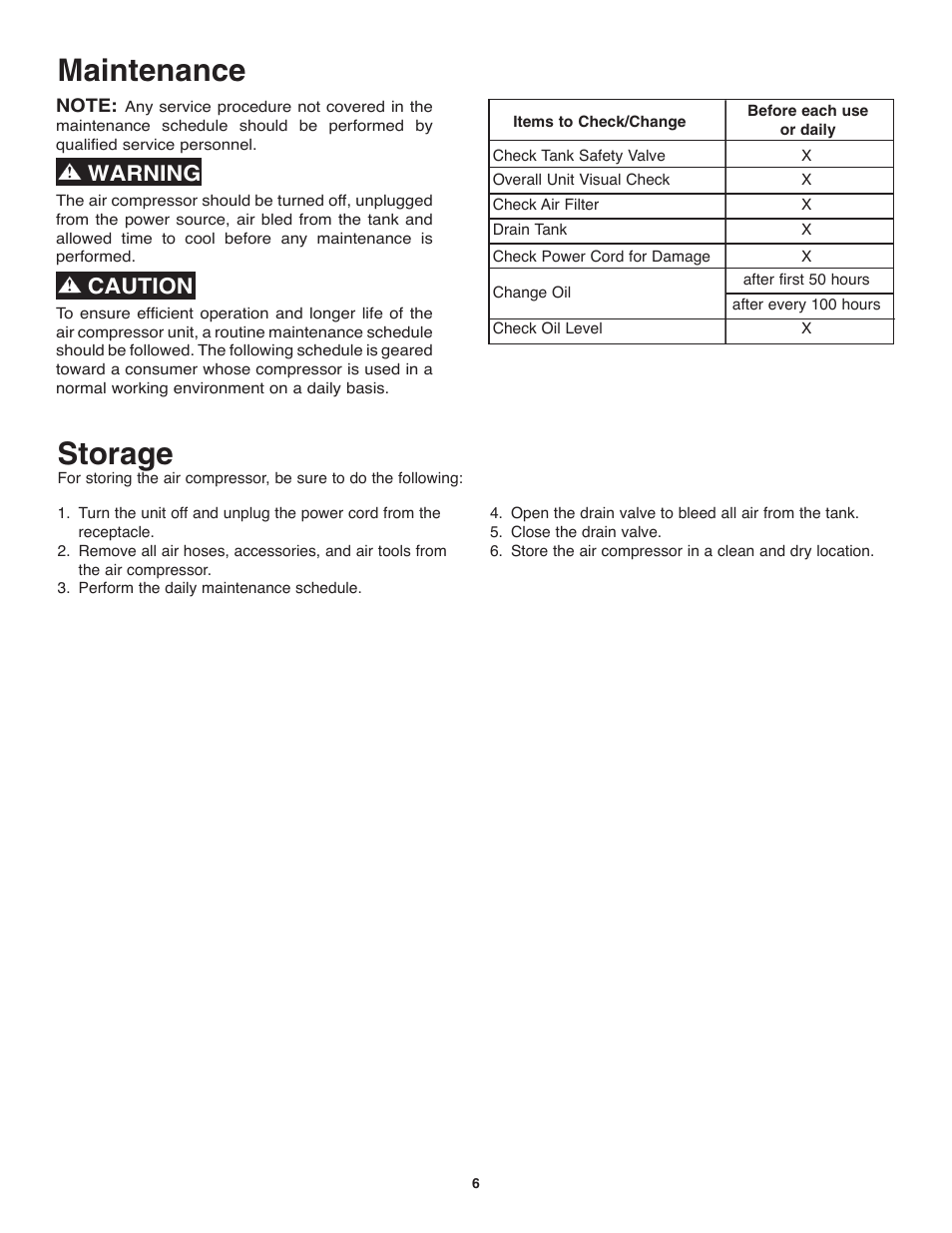 Storage, Maintenance, Warning caution | Craftsman 921.153120 User Manual | Page 8 / 10