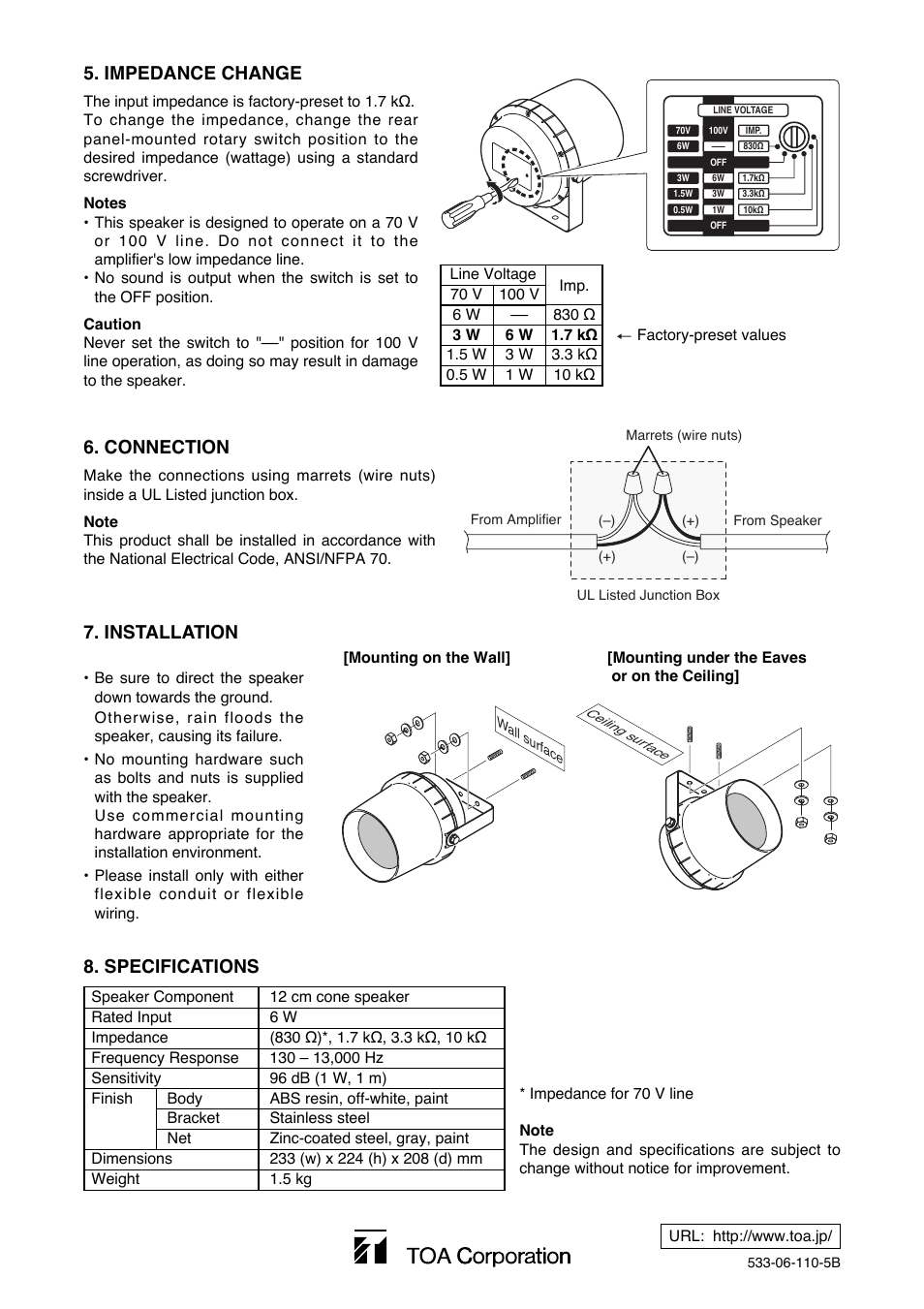Impedance change, Specifications, Installation | Connection | Toa CS-64U User Manual | Page 2 / 2