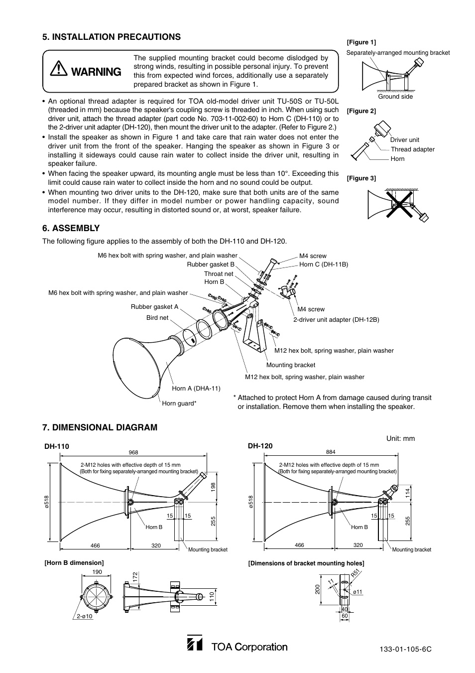 Warning, Installation precautions 6. assembly, Dimensional diagram | Toa DH-120 User Manual | Page 2 / 2