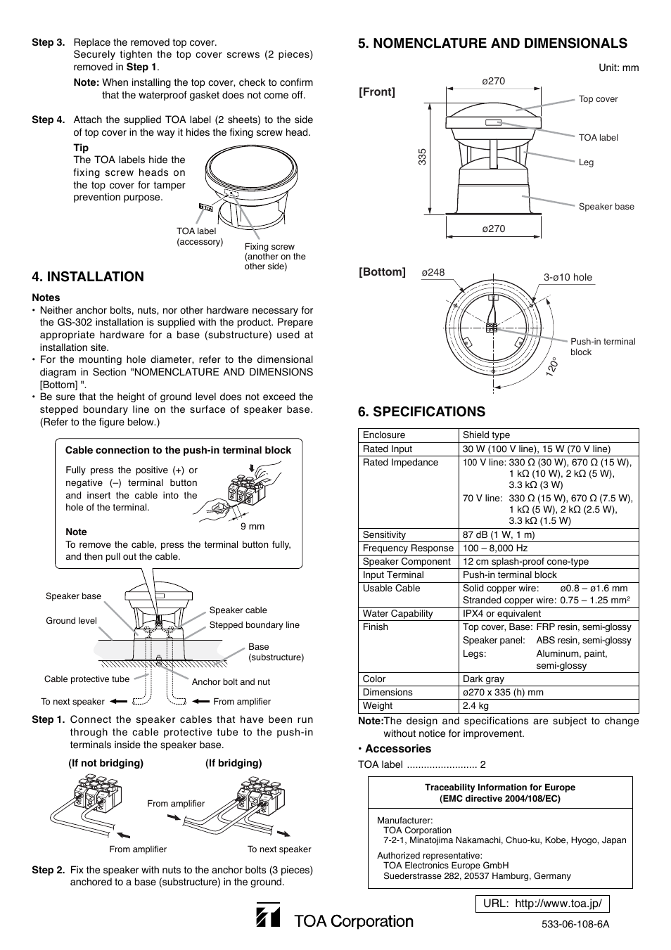 Nomenclature and dimensionals, Installation 6. specifications | Toa GS-302 User Manual | Page 2 / 2