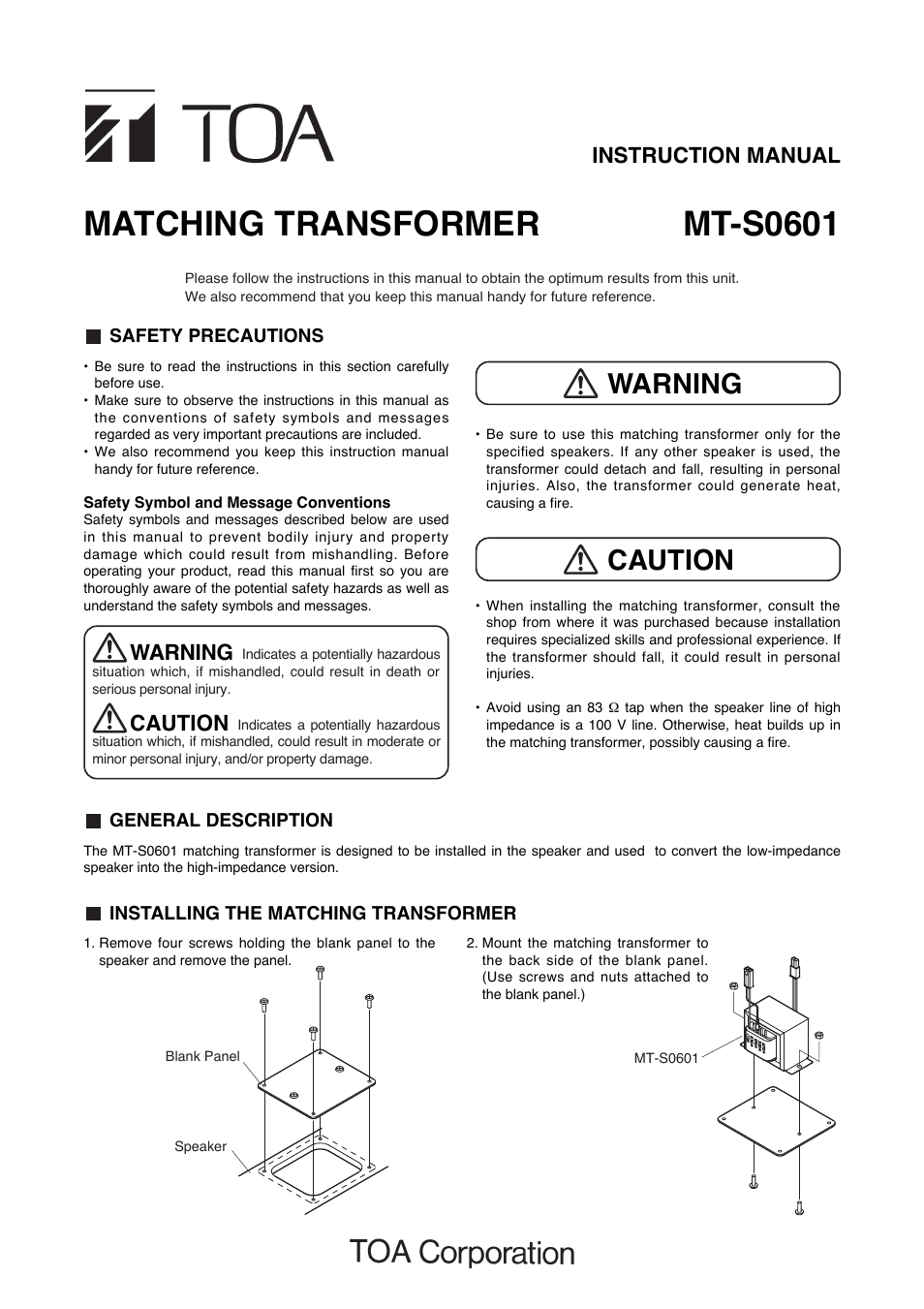 Toa MT-S0601 User Manual | 2 pages