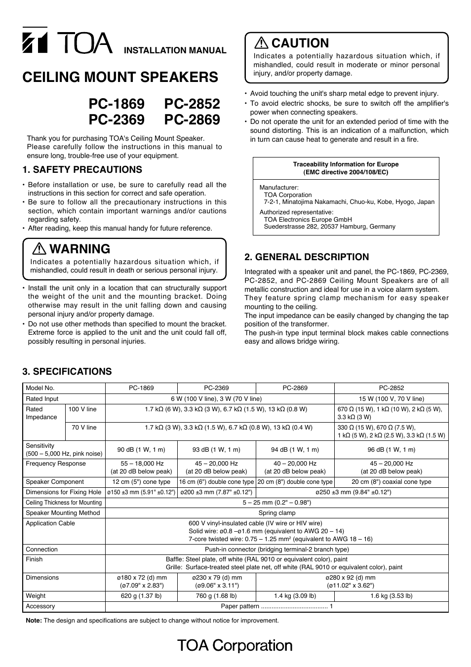 Toa PC-2869 User Manual | 2 pages