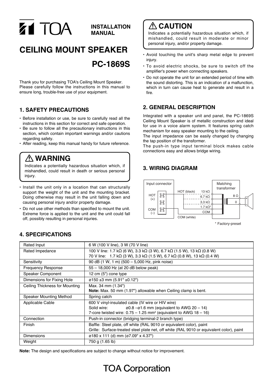Toa PC-1869S User Manual | 2 pages