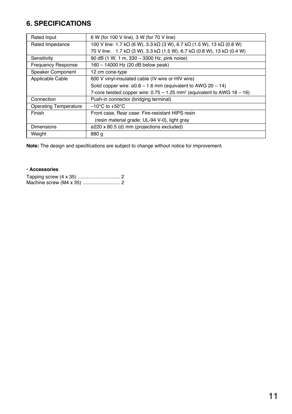Specifications | Toa PC-2268 User Manual | Page 11 / 12