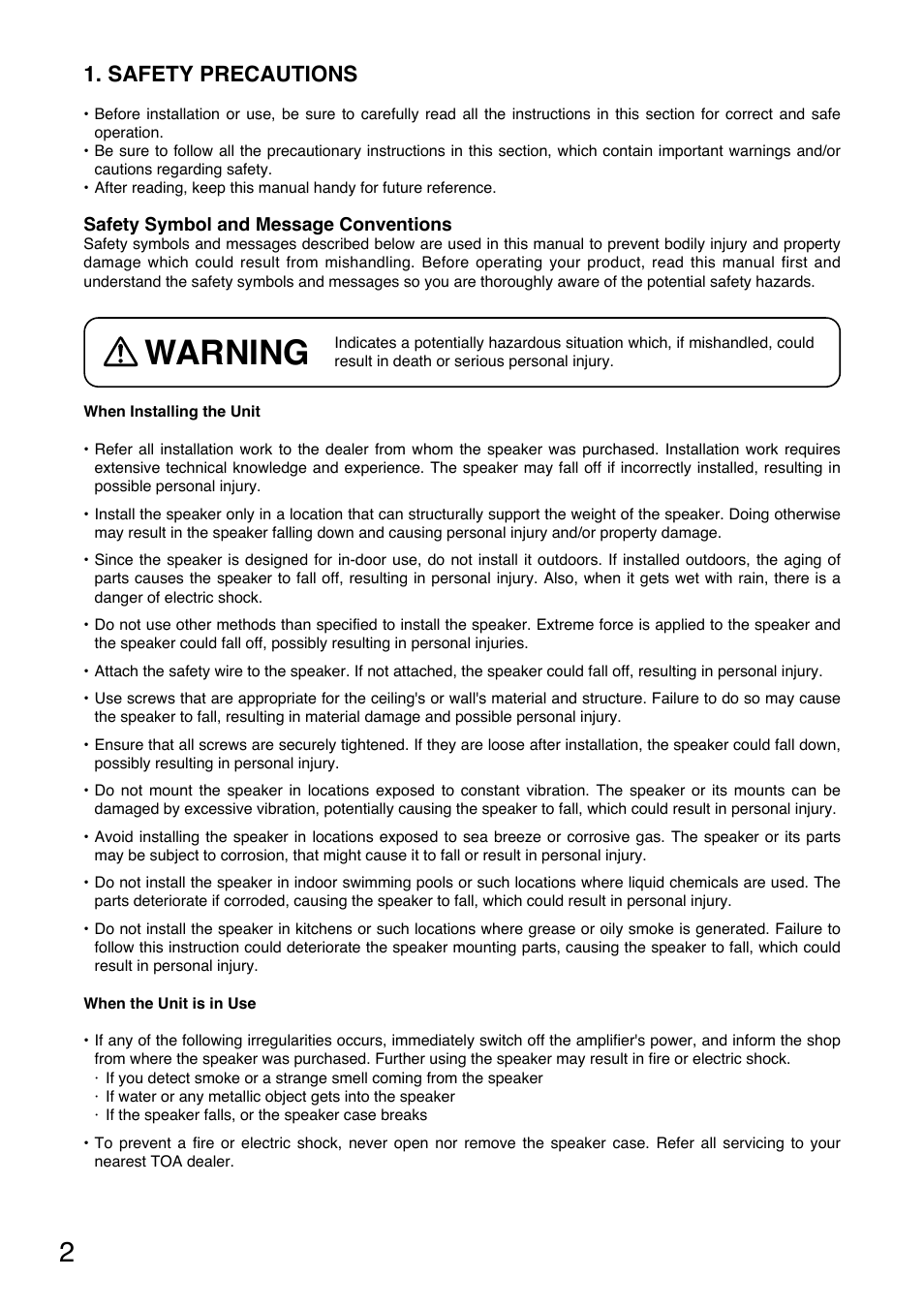 Warning, Safety precautions | Toa PC-2268 User Manual | Page 2 / 12