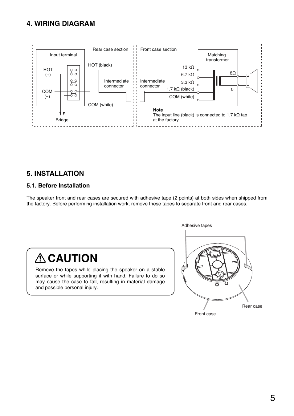 Caution, Wiring diagram 5. installation | Toa PC-2268 User Manual | Page 5 / 12