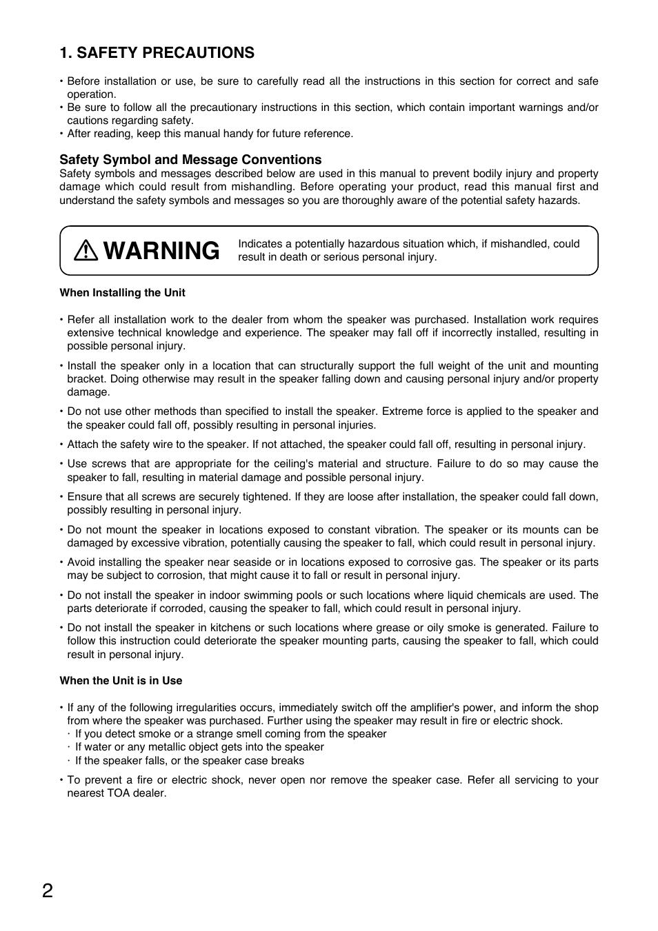 Warning, Safety precautions | Toa PC-2268WP User Manual | Page 2 / 12