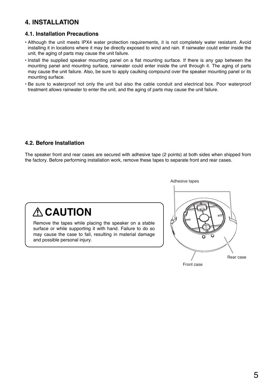 Caution, Installation | Toa PC-2268WP User Manual | Page 5 / 12