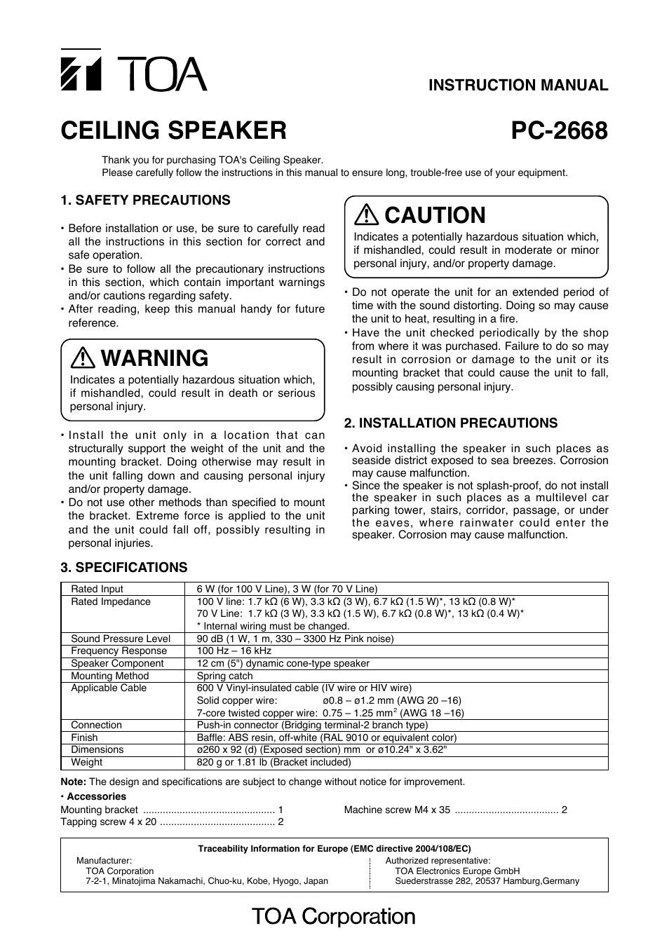 Toa PC-2668 User Manual | 2 pages