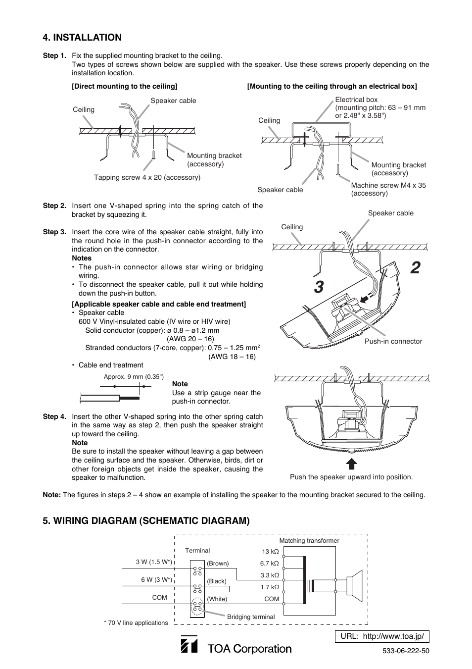 Installation, Wiring diagram (schematic diagram) | Toa PC-2668 User Manual | Page 2 / 2