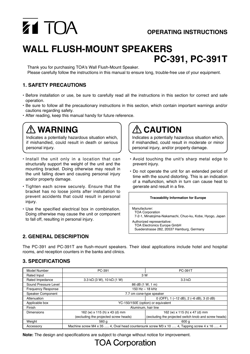 Toa PC-391T User Manual | 2 pages