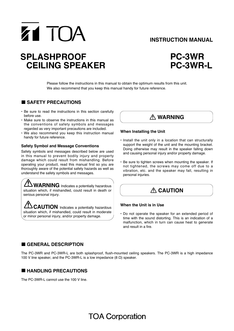 Toa PC-3WR-L User Manual | 2 pages