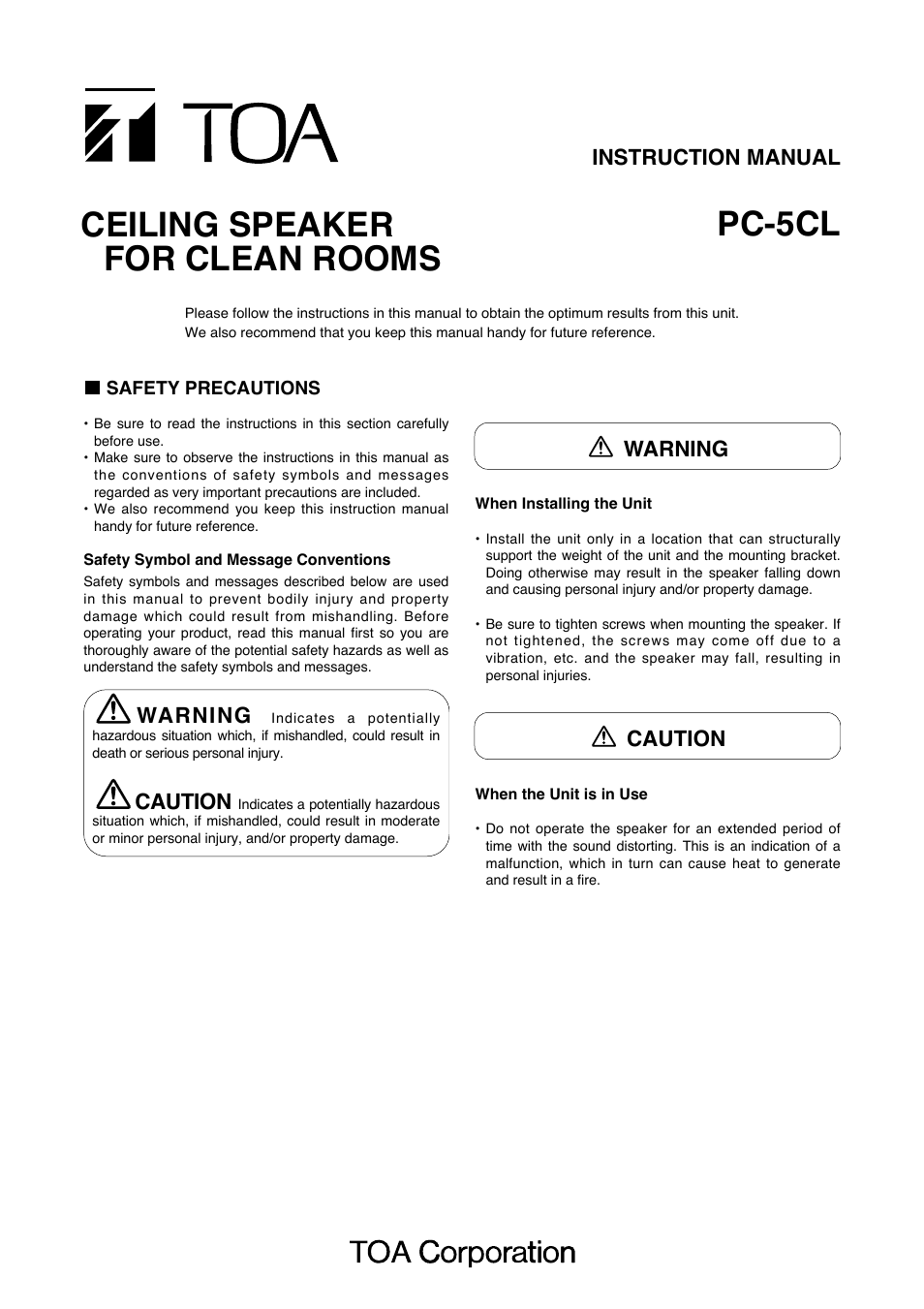 Toa PC-5CL User Manual | 2 pages