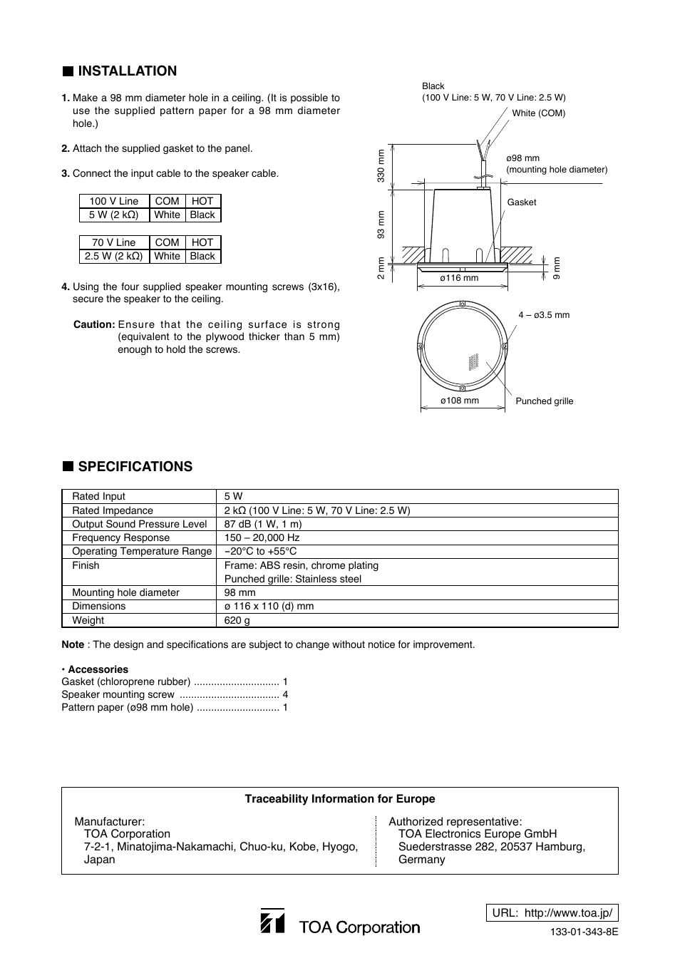 Installation, Specifications | Toa PC-5CL User Manual | Page 2 / 2