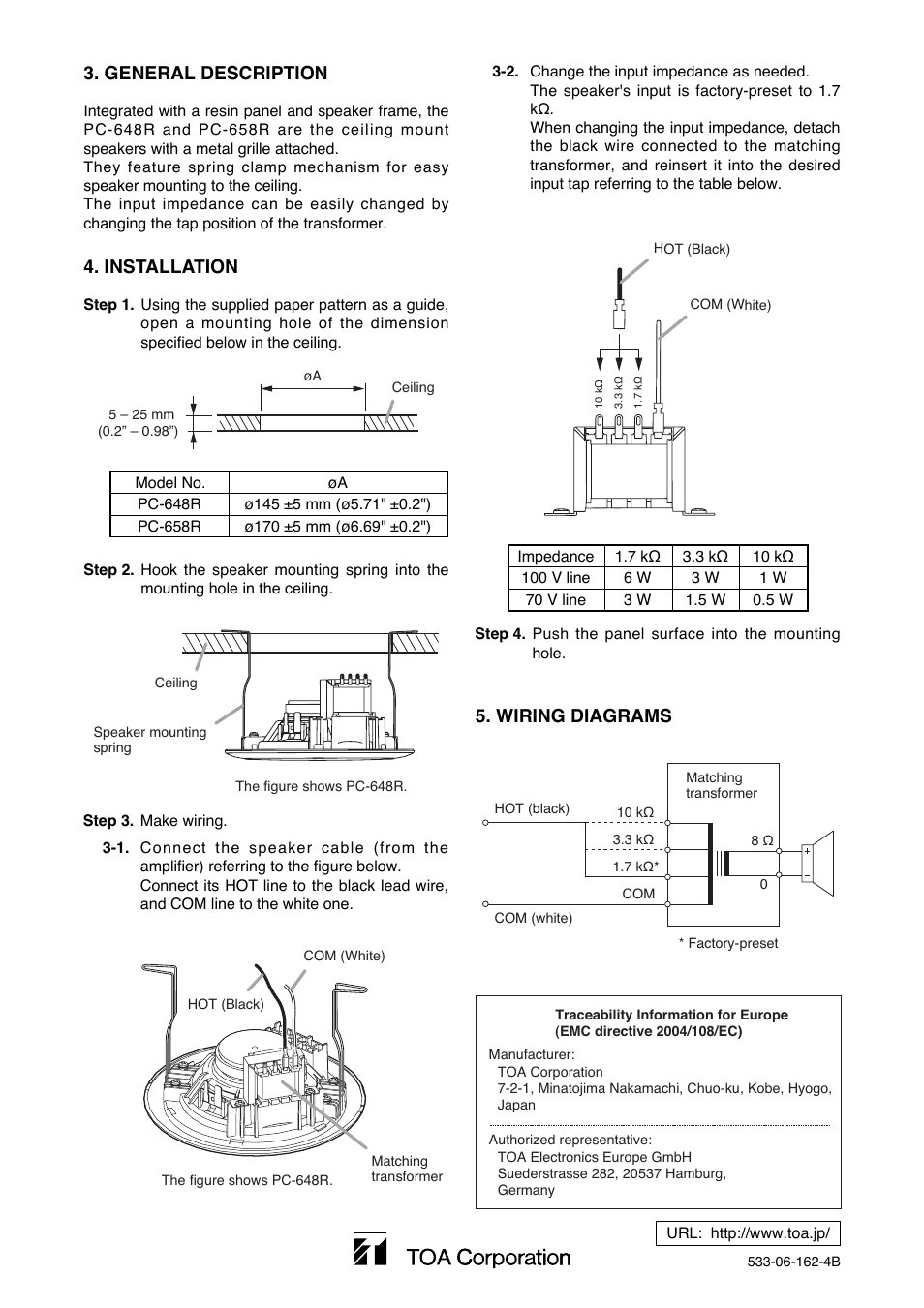 Installation, Wiring diagrams, General description | Toa PC-658R User Manual | Page 2 / 2