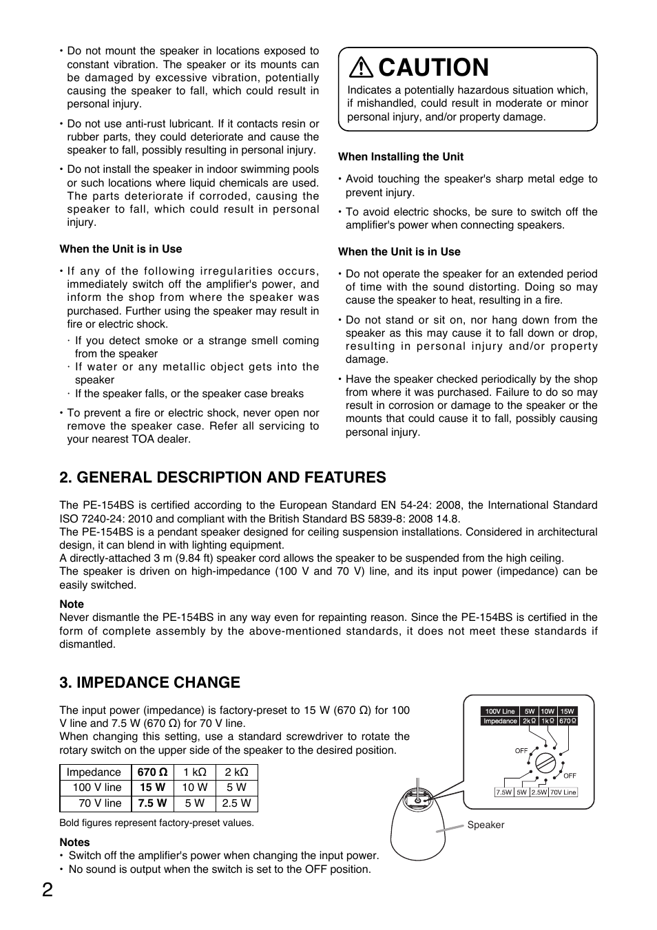 Caution, General description and features, Impedance change | Toa PE-154BS User Manual | Page 2 / 8