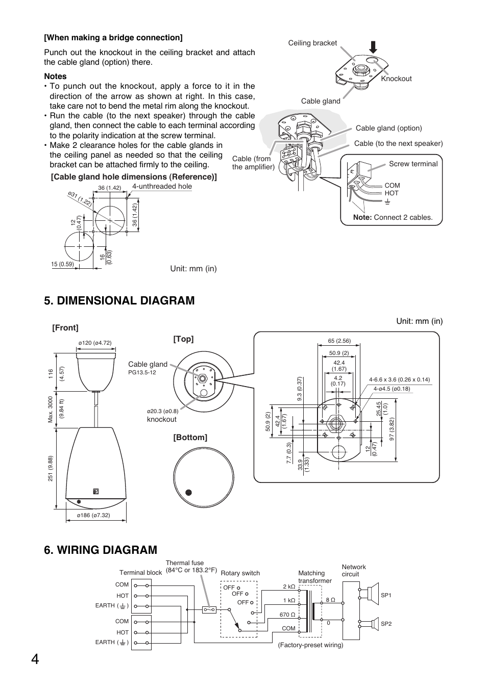 Wiring diagram, Dimensional diagram | Toa PE-154BS User Manual | Page 4 / 8