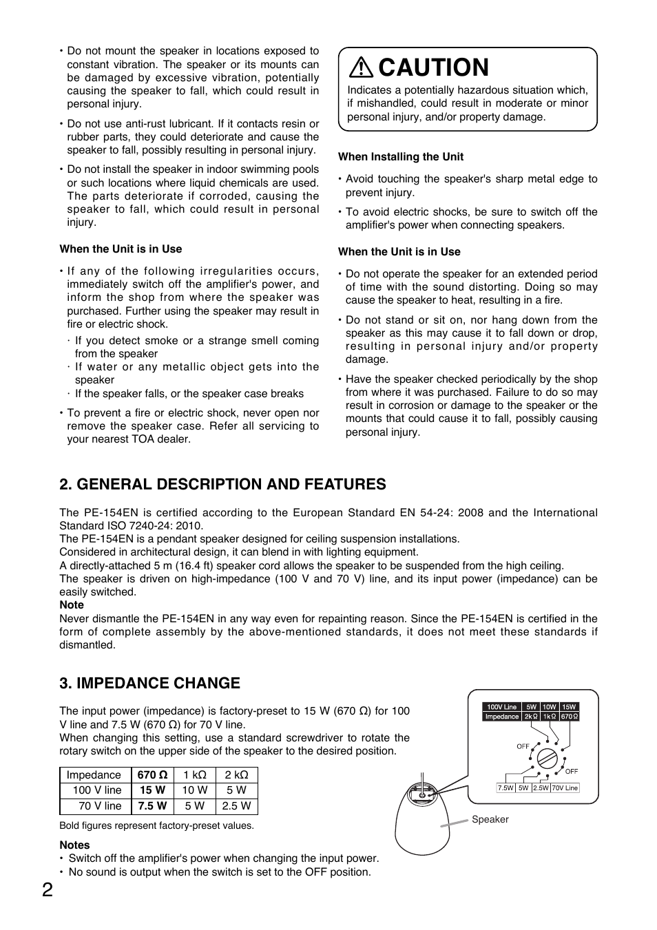 Caution, General description and features, Impedance change | Toa PE-154EN User Manual | Page 2 / 8