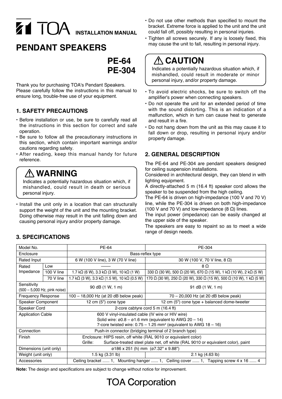 Toa PE-304 User Manual | 4 pages