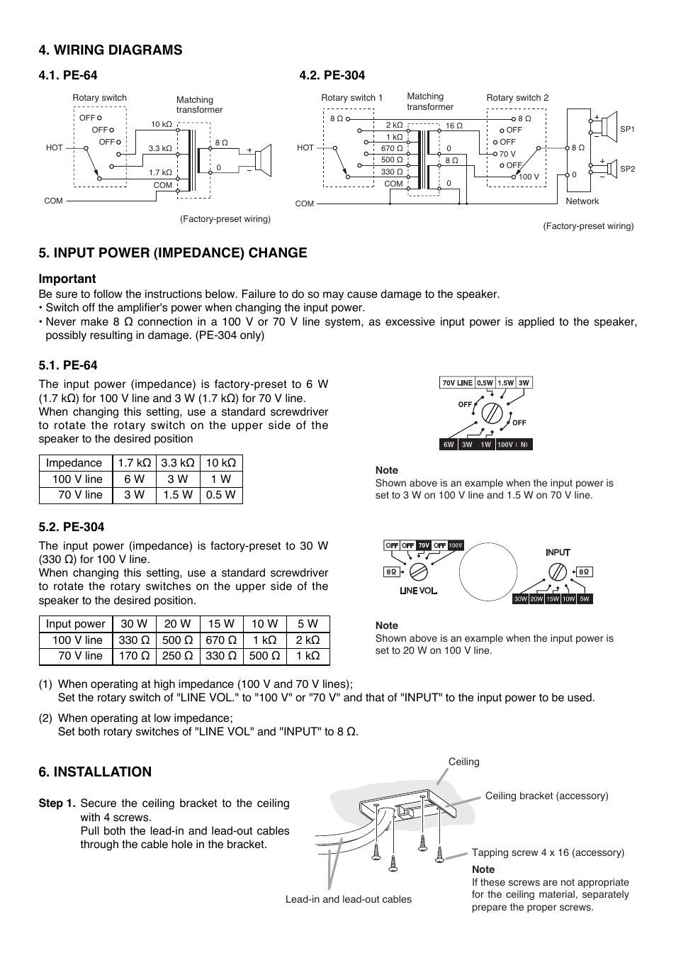 Installation, Input power (impedance) change, Wiring diagrams | Toa PE-304 User Manual | Page 2 / 4