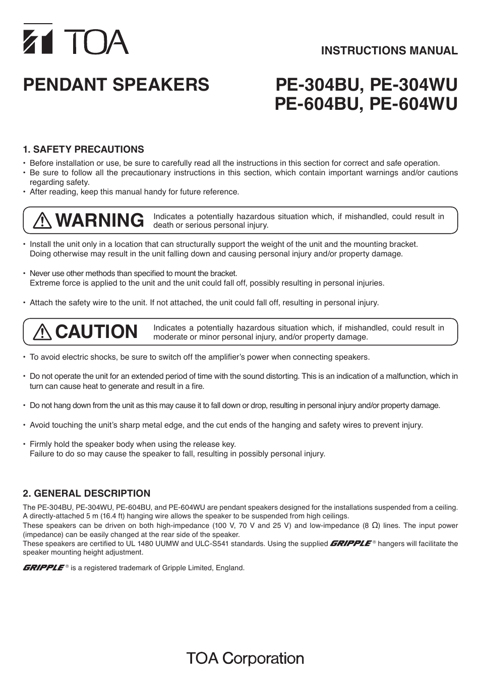 Toa PE-604WU User Manual | 4 pages