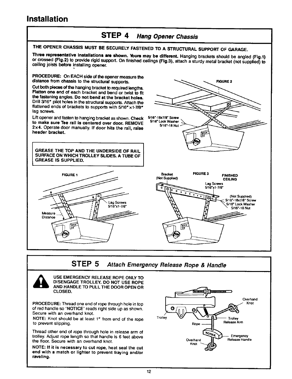 Installation step 4, Step 5, Hang opener chassis | Attach emergency release rope & handle | Craftsman 1/2HP Garage Door Opener 139.53515SR User Manual | Page 12 / 24