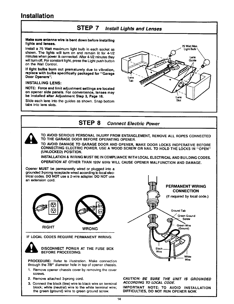 Installation step 7, Step 8, Install lights and lenses | Connect electric power | Craftsman 1/2HP Garage Door Opener 139.53515SR User Manual | Page 14 / 24