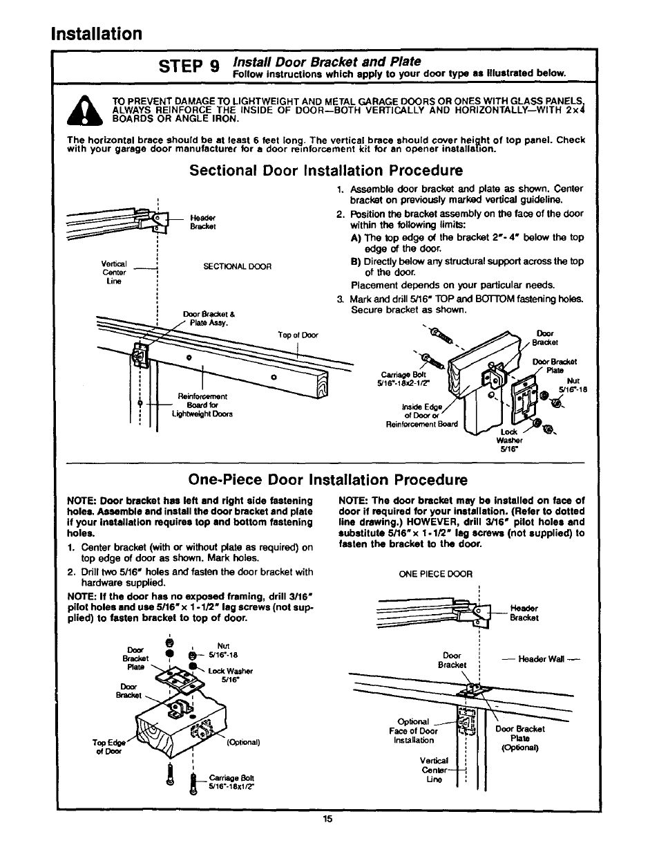 Qtcp q, Installation, One-piece door installation procedure | Install door bracket and plate | Craftsman 1/2HP Garage Door Opener 139.53515SR User Manual | Page 15 / 24