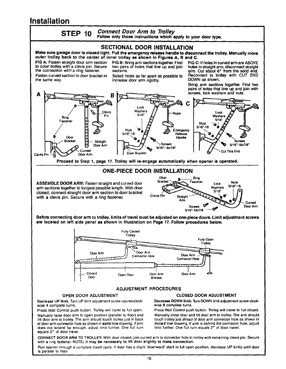 One-piece door installation, Ctpp -in, Installation | Connect door arm to trolley | Craftsman 1/2HP Garage Door Opener 139.53515SR User Manual | Page 16 / 24