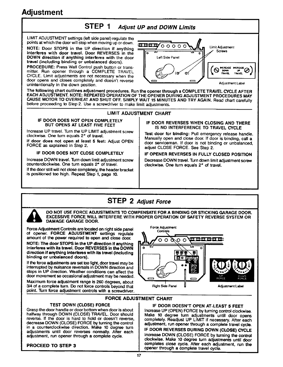 Adjustment step 1, Step 2, Adjust up and down limits | Adjust force | Craftsman 1/2HP Garage Door Opener 139.53515SR User Manual | Page 17 / 24