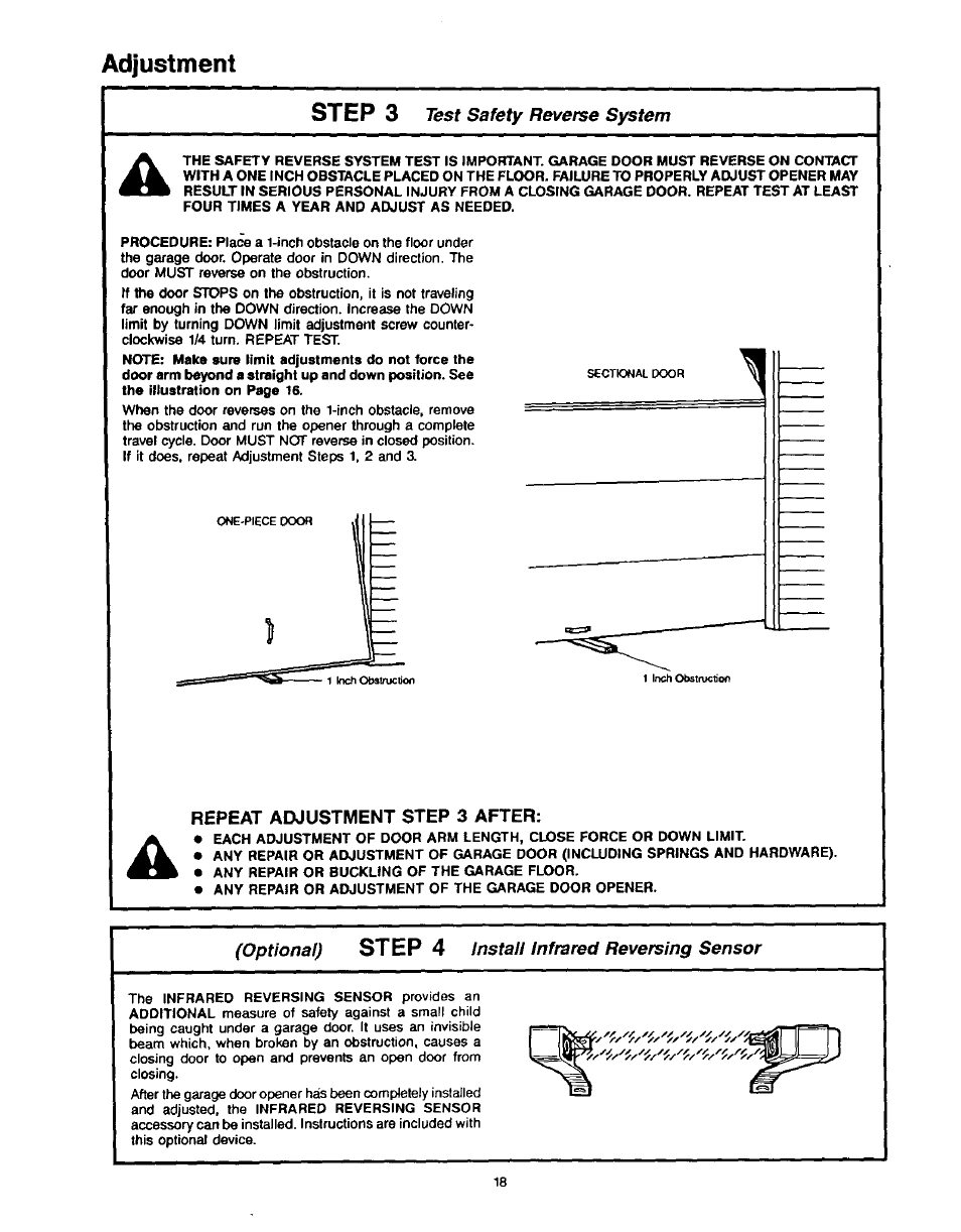 Repeat adjustment step 3 after, Adjustment step 3, Step 4 | Test safety reverse system, Optional), Install infrared reversing sensor | Craftsman 1/2HP Garage Door Opener 139.53515SR User Manual | Page 18 / 24