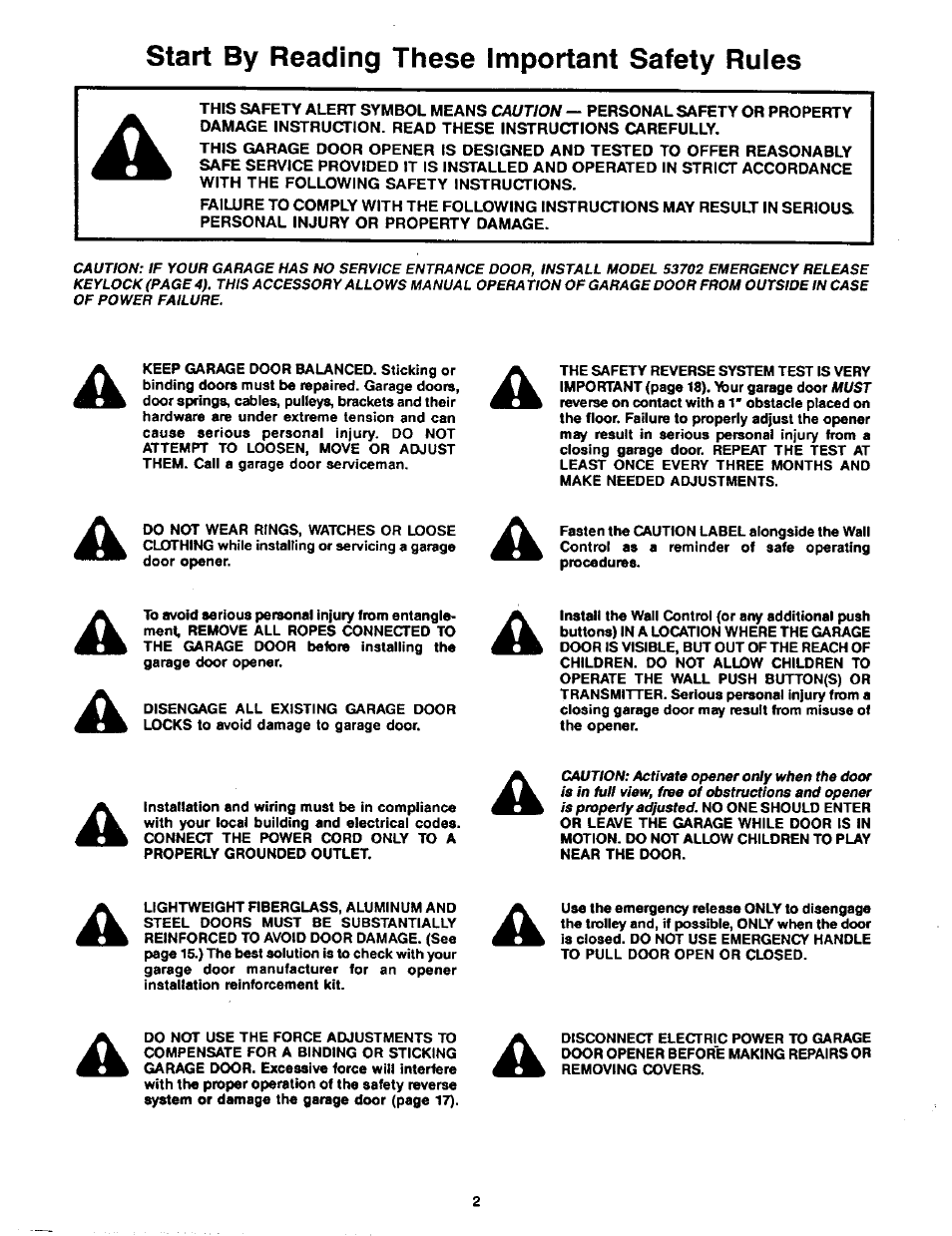 Start by reading these important safety rules | Craftsman 1/2HP Garage Door Opener 139.53515SR User Manual | Page 2 / 24