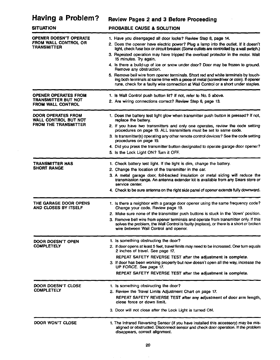 Having a problem, Review pages 2 and 3 before proceeding | Craftsman 1/2HP Garage Door Opener 139.53515SR User Manual | Page 20 / 24