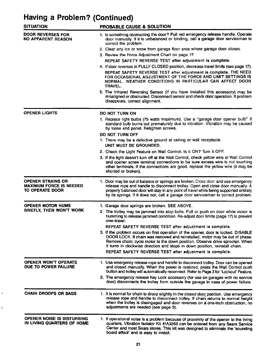 Having a problem? (continued) | Craftsman 1/2HP Garage Door Opener 139.53515SR User Manual | Page 21 / 24
