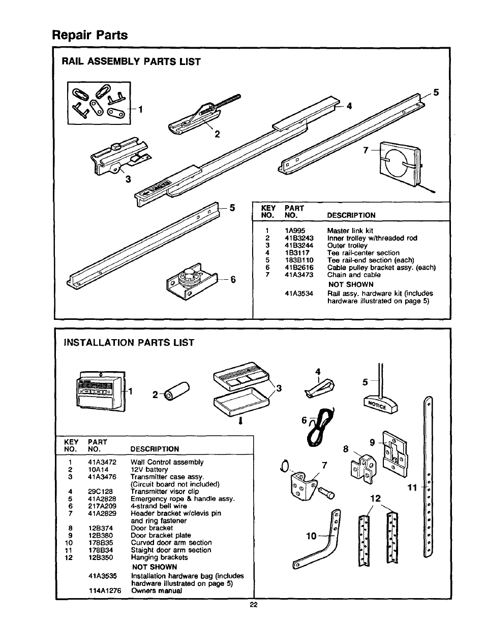 Rail assembly parts list, Installation parts list, Repair parts | Craftsman 1/2HP Garage Door Opener 139.53515SR User Manual | Page 22 / 24