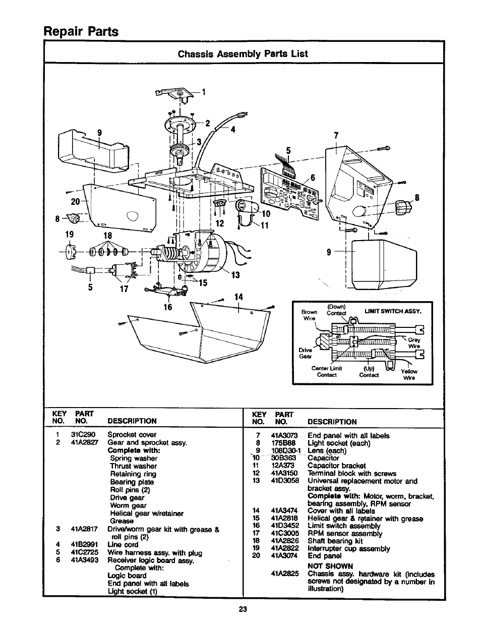 Chassis assembly parts list, Repair parts | Craftsman 1/2HP Garage Door Opener 139.53515SR User Manual | Page 23 / 24